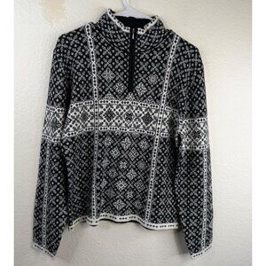 Vtg Obermeyer Womens Sweater Black White Sz L Fair Isle Nordic Snowflake 1/4 Zip
